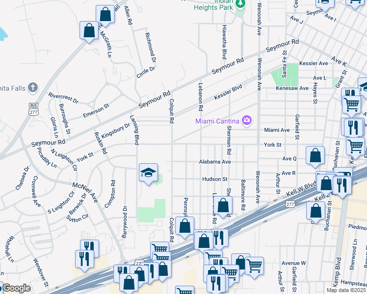 map of restaurants, bars, coffee shops, grocery stores, and more near 3801 York Street in Wichita Falls