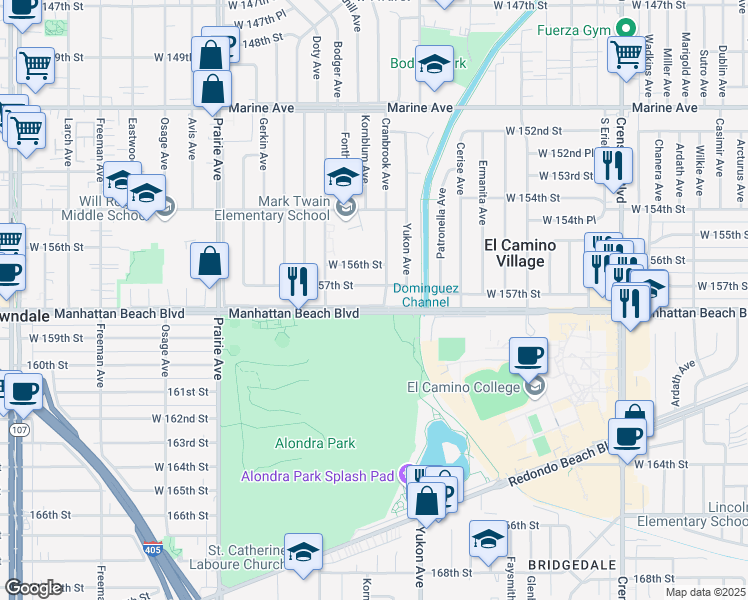 map of restaurants, bars, coffee shops, grocery stores, and more near 3703 Manhattan Beach Boulevard in Lawndale