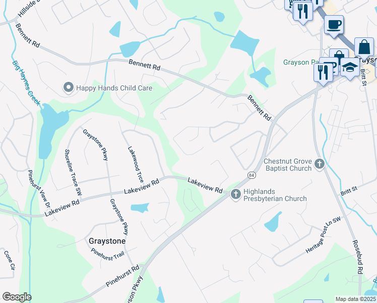 map of restaurants, bars, coffee shops, grocery stores, and more near 1040 Windsor Creek Drive in Grayson