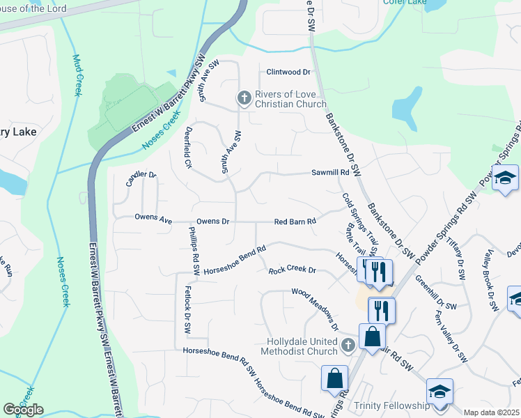map of restaurants, bars, coffee shops, grocery stores, and more near 2648 Smokehouse Place in Marietta