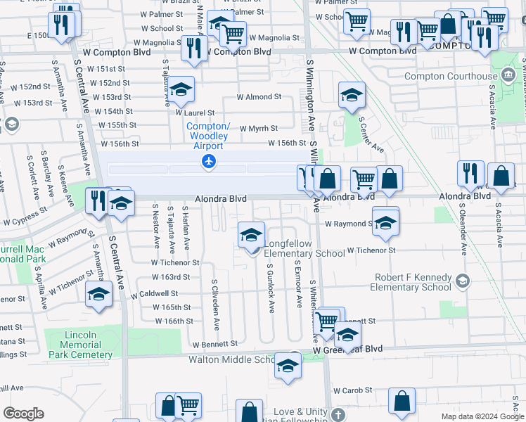map of restaurants, bars, coffee shops, grocery stores, and more near 900 South Dwight Avenue in Compton