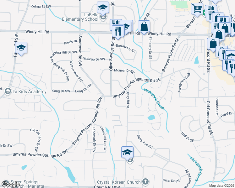 map of restaurants, bars, coffee shops, grocery stores, and more near 33 Smyrna Powder Springs Road Southeast in Marietta