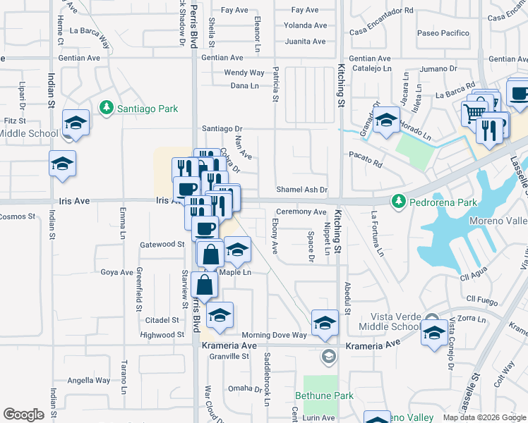 map of restaurants, bars, coffee shops, grocery stores, and more near 25195 Hunter Avenue in Moreno Valley