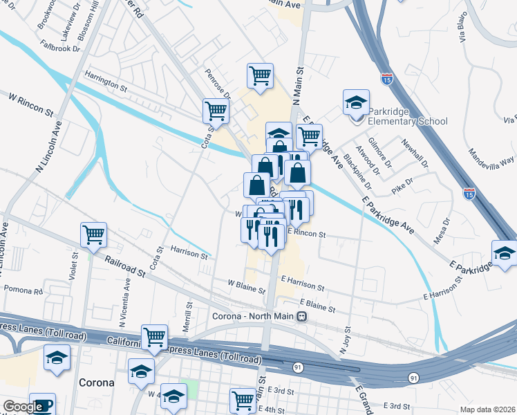 map of restaurants, bars, coffee shops, grocery stores, and more near 602 North Main Street in Corona