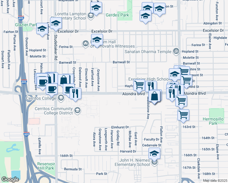 map of restaurants, bars, coffee shops, grocery stores, and more near 15631 Harvest Avenue in Norwalk