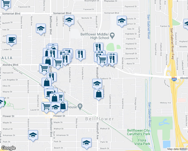 map of restaurants, bars, coffee shops, grocery stores, and more near 16115 Woodruff Avenue in Bellflower