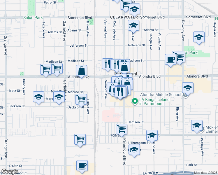 map of restaurants, bars, coffee shops, grocery stores, and more near 15938 Vermont Avenue in Paramount