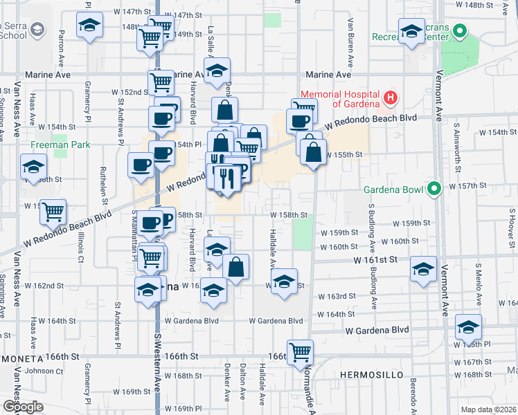 map of restaurants, bars, coffee shops, grocery stores, and more near 52 Merit Park Drive in Gardena