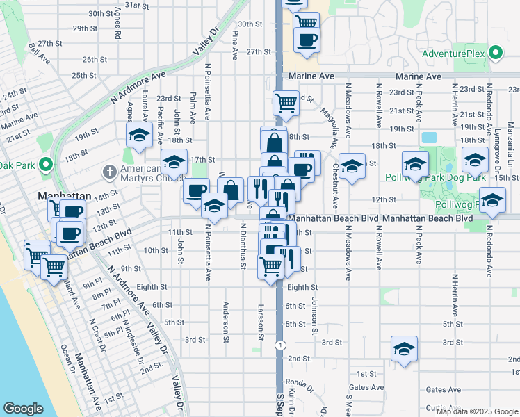 map of restaurants, bars, coffee shops, grocery stores, and more near 1203 North Sepulveda Boulevard in Manhattan Beach