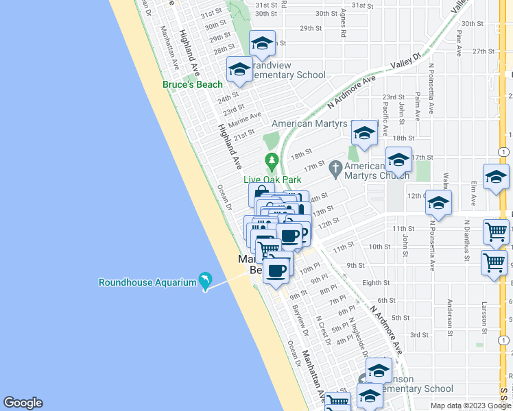 map of restaurants, bars, coffee shops, grocery stores, and more near 1509 Highland Avenue in Manhattan Beach