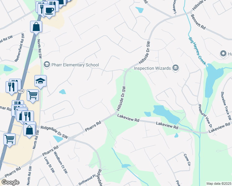 map of restaurants, bars, coffee shops, grocery stores, and more near 1445 Hillside Drive Southwest in Grayson