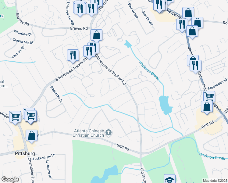 map of restaurants, bars, coffee shops, grocery stores, and more near 1107 Red Oak Cove in Tucker