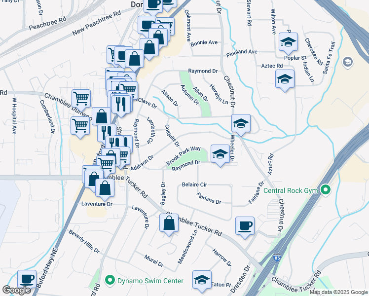 map of restaurants, bars, coffee shops, grocery stores, and more near 3221 Colquitt Drive in Doraville