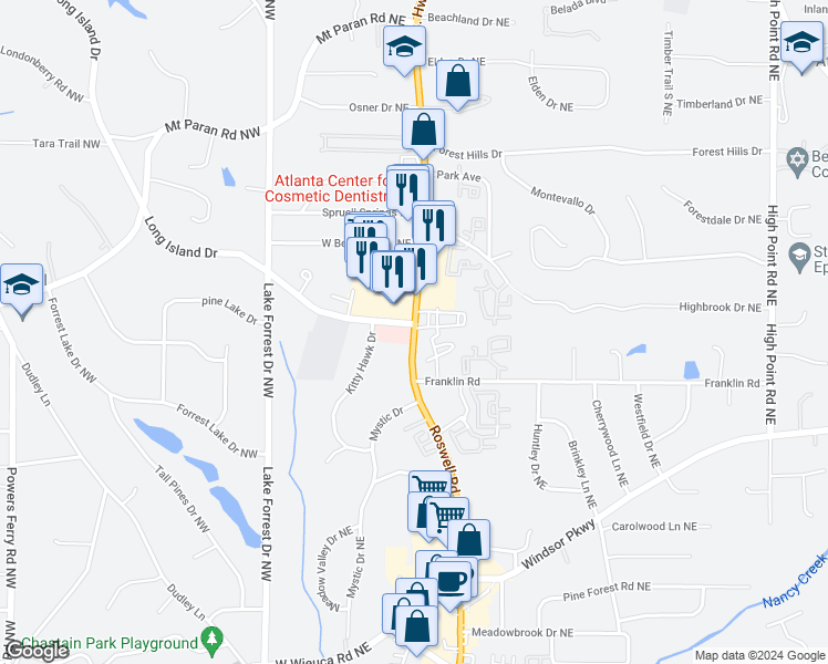 map of restaurants, bars, coffee shops, grocery stores, and more near 4883 Roswell Road Northeast in Atlanta
