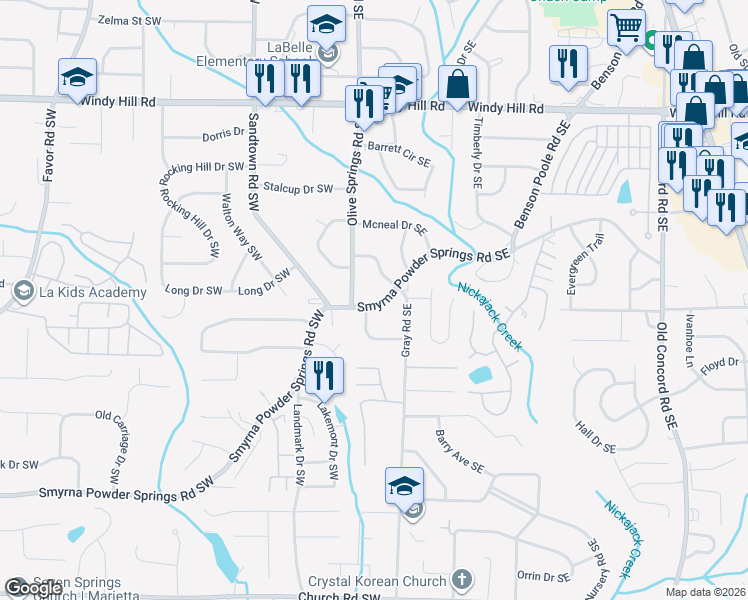 map of restaurants, bars, coffee shops, grocery stores, and more near 33 Smyrna Powder Springs Road Southeast in Marietta