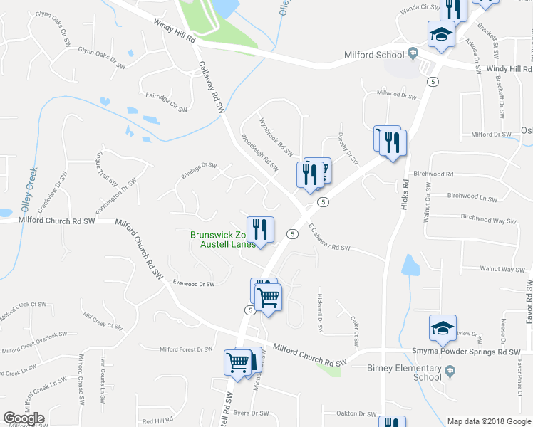 map of restaurants, bars, coffee shops, grocery stores, and more near 2663 Windage Drive Southwest in Marietta