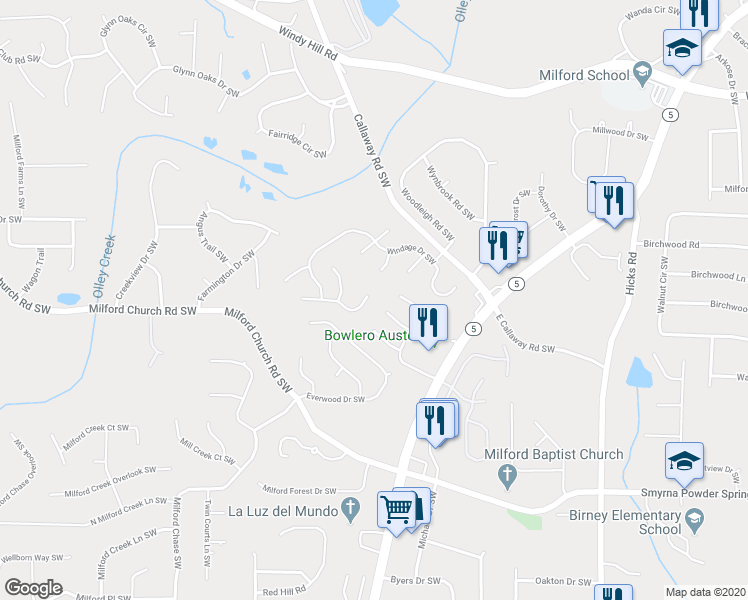 map of restaurants, bars, coffee shops, grocery stores, and more near 1331 Windage Court Southwest in Marietta