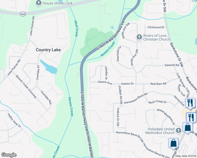 map of restaurants, bars, coffee shops, grocery stores, and more near 2596 Candler Way in Marietta