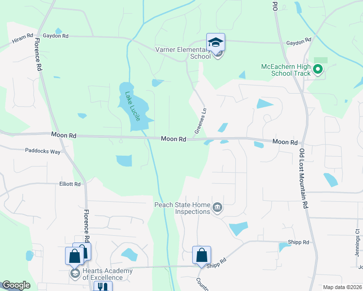 map of restaurants, bars, coffee shops, grocery stores, and more near 4869 Moon Road in Powder Springs