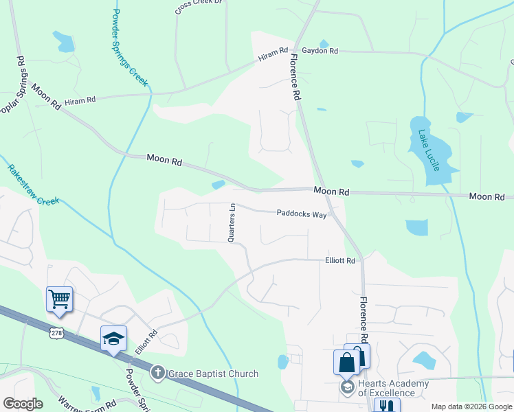 map of restaurants, bars, coffee shops, grocery stores, and more near 1300 Paddocks Way in Powder Springs