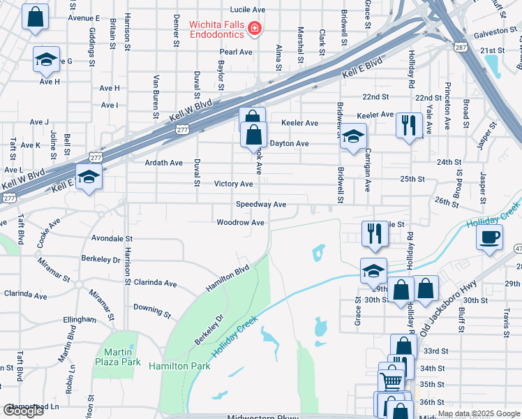 map of restaurants, bars, coffee shops, grocery stores, and more near 1679 Speedway Avenue in Wichita Falls