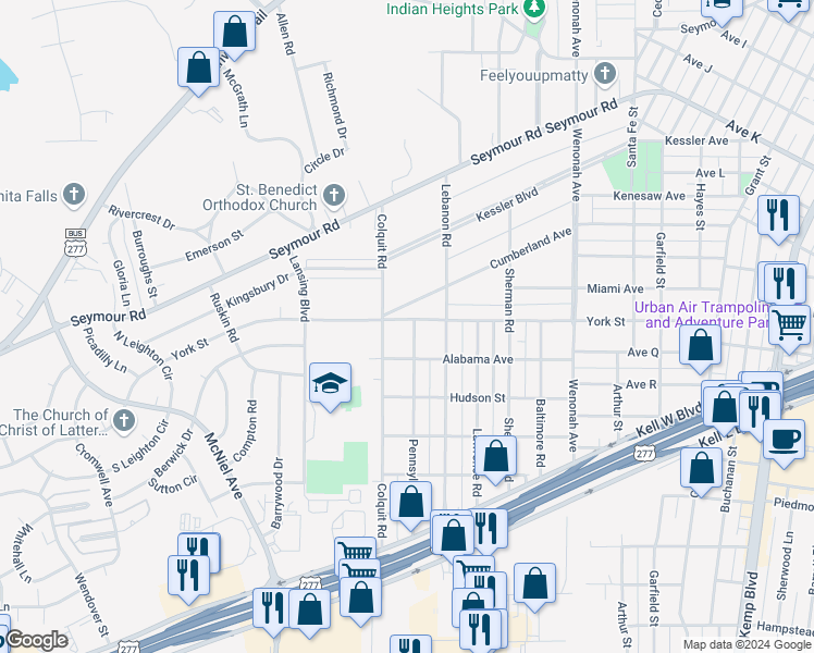 map of restaurants, bars, coffee shops, grocery stores, and more near 3801 York Street in Wichita Falls