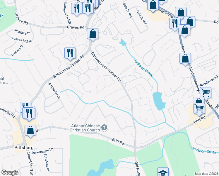 map of restaurants, bars, coffee shops, grocery stores, and more near 1107 Red Oak Cove in Tucker