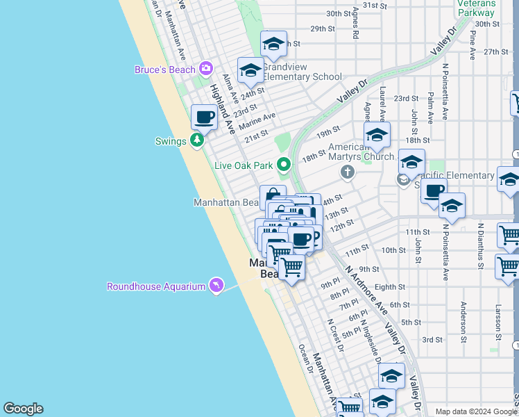 map of restaurants, bars, coffee shops, grocery stores, and more near 216 16th Street in Manhattan Beach