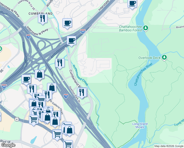 map of restaurants, bars, coffee shops, grocery stores, and more near 3660 Chattahoochee Summit Drive Southeast in Atlanta