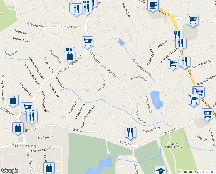 map of restaurants, bars, coffee shops, grocery stores, and more near 1107 Red Oak Cove in Tucker