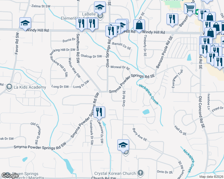 map of restaurants, bars, coffee shops, grocery stores, and more near 21 Smyrna Powder Springs Road Southeast in Marietta