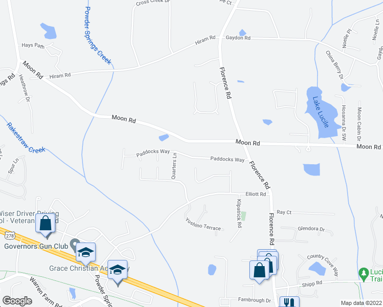 map of restaurants, bars, coffee shops, grocery stores, and more near 1300 Paddocks Way in Powder Springs