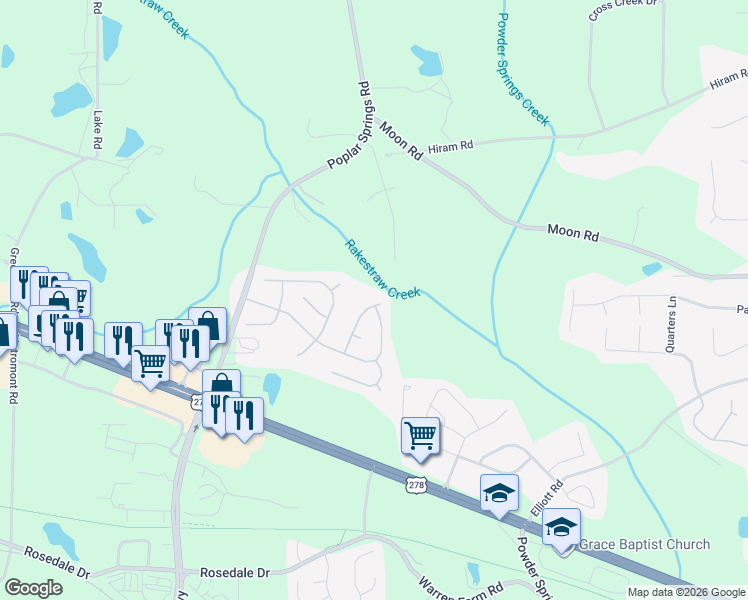 map of restaurants, bars, coffee shops, grocery stores, and more near 149 Spur Lane in Hiram