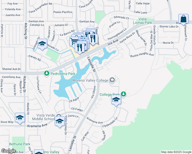 map of restaurants, bars, coffee shops, grocery stores, and more near 16111 Lasselle Street in Moreno Valley