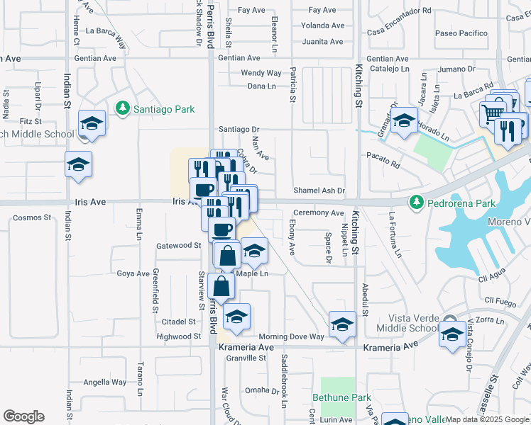 map of restaurants, bars, coffee shops, grocery stores, and more near 25147 Hunter Avenue in Moreno Valley