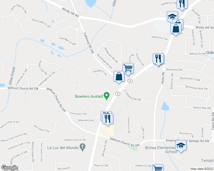 map of restaurants, bars, coffee shops, grocery stores, and more near 2663 Windage Drive Southwest in Marietta