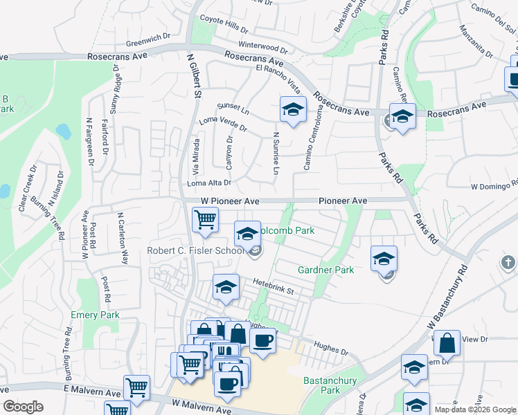 map of restaurants, bars, coffee shops, grocery stores, and more near 2171 Root Street in Fullerton