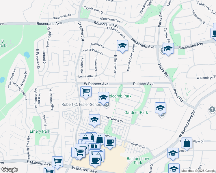 map of restaurants, bars, coffee shops, grocery stores, and more near 2171 Root Street in Fullerton