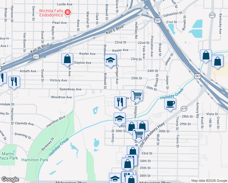 map of restaurants, bars, coffee shops, grocery stores, and more near 1609 Speedway Avenue in Wichita Falls