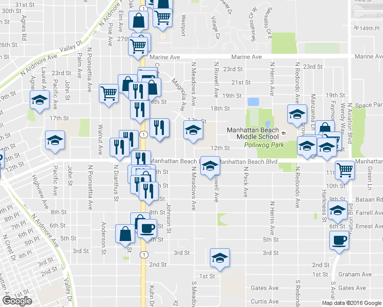 map of restaurants, bars, coffee shops, grocery stores, and more near in Manhattan Beach
