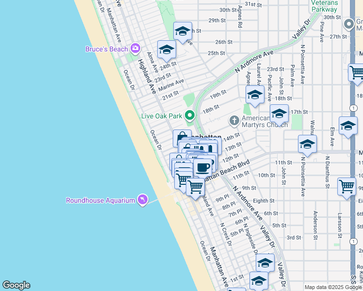 map of restaurants, bars, coffee shops, grocery stores, and more near 232 16th Street in Manhattan Beach