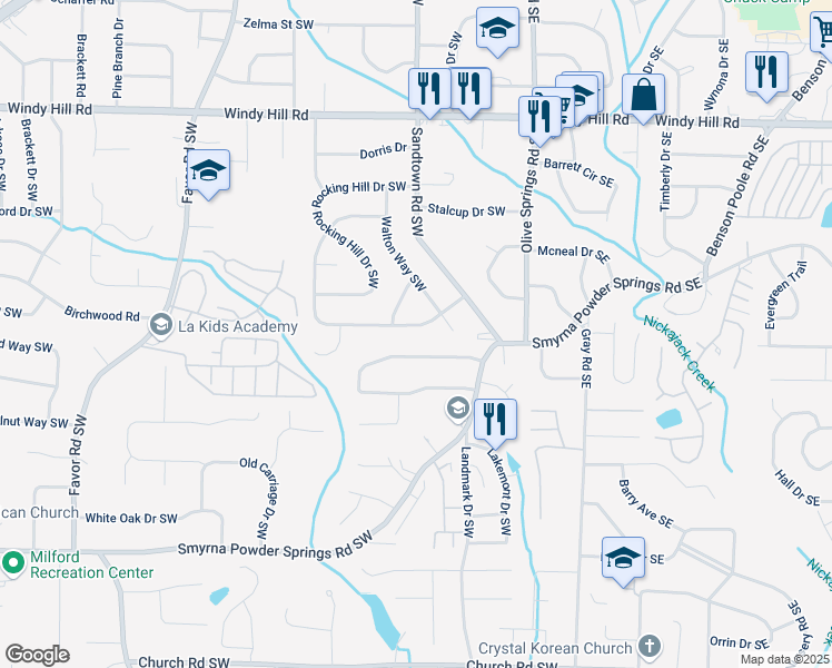 map of restaurants, bars, coffee shops, grocery stores, and more near 127 Long Drive Southwest in Marietta
