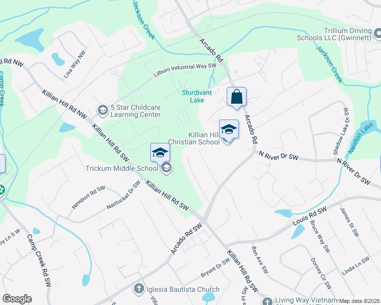 map of restaurants, bars, coffee shops, grocery stores, and more near 104 Jamestown Court Southwest in Lilburn
