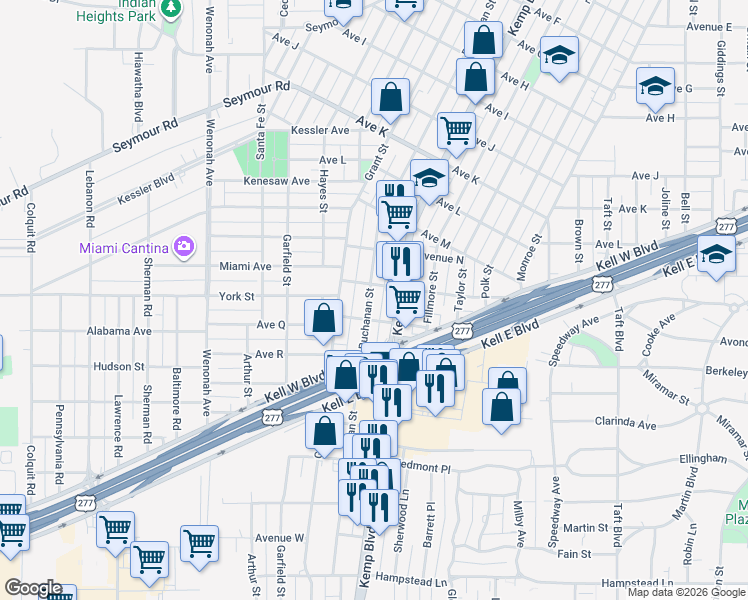 map of restaurants, bars, coffee shops, grocery stores, and more near 2505 Buchanan Street in Wichita Falls