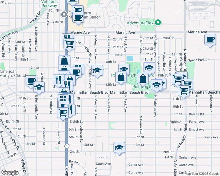 map of restaurants, bars, coffee shops, grocery stores, and more near 1150 North Rowell Avenue in Manhattan Beach