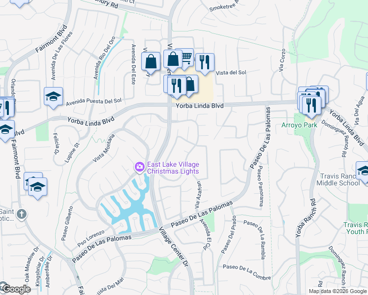 map of restaurants, bars, coffee shops, grocery stores, and more near 20495 Vía Nopales in Yorba Linda