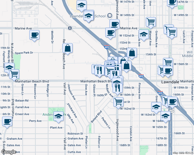 map of restaurants, bars, coffee shops, grocery stores, and more near 2607 Manhattan Beach Boulevard in Redondo Beach