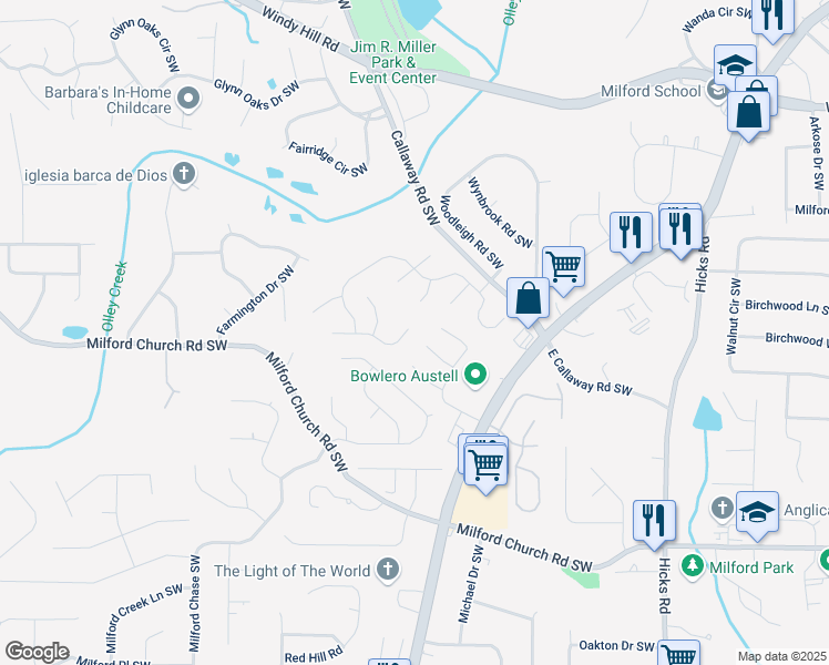 map of restaurants, bars, coffee shops, grocery stores, and more near 1331 Windage Court Southwest in Marietta