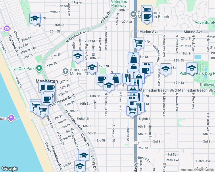 map of restaurants, bars, coffee shops, grocery stores, and more near 1148 North Poinsettia Avenue in Manhattan Beach