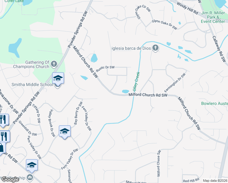map of restaurants, bars, coffee shops, grocery stores, and more near 1724 Milford Church Road Southwest in Marietta